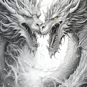 May include: A black and white pencil drawing of two dragons facing each other with their mouths open, showing their teeth. The dragons are drawn in a realistic style with detailed scales and claws. The background is a white, cloudy, and hazy effect.