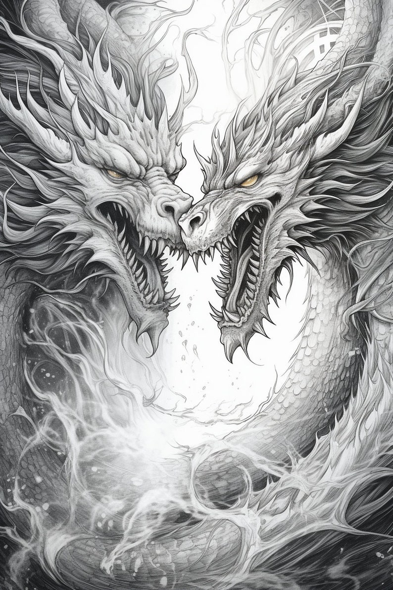 May include: A black and white pencil drawing of two dragons facing each other with their mouths open, showing their teeth. The dragons are drawn in a realistic style with detailed scales and claws. The background is a white, cloudy, and hazy effect.