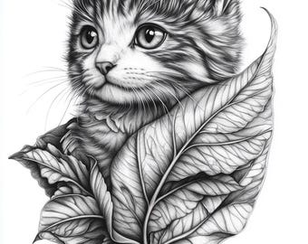 May include: A detailed pencil drawing of a kitten's head, with a fluffy coat of fur, nestled behind a large leaf. The kitten's eyes are wide and expressive, and the leaf's veins are meticulously rendered.
