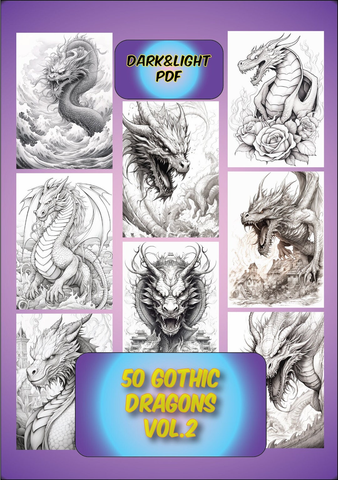 50 Gothic Dragons Coloring Pages Vol. 2 Grayscale Printable for Adults ...