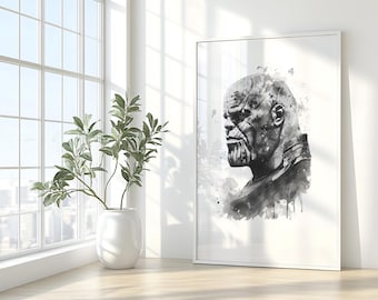 Impresión de acuarela de Thanos, arte de pared en blanco y negro de Thanos, arte de pared digital para niños, arte de pared en blanco y negro de Thanos