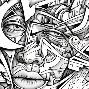 May include: Black and white abstract illustration of a face with geometric patterns and details. The face has two eyes, a nose, and a mouth.