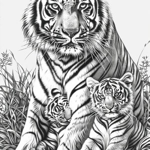Puede incluir: Un dibujo a l&aacute;piz en blanco y negro de una tigresa madre y dos cachorros. La tigresa madre est&aacute; sentada con sus cachorros delante de ella. Los tigres est&aacute;n todos mirando al espectador.