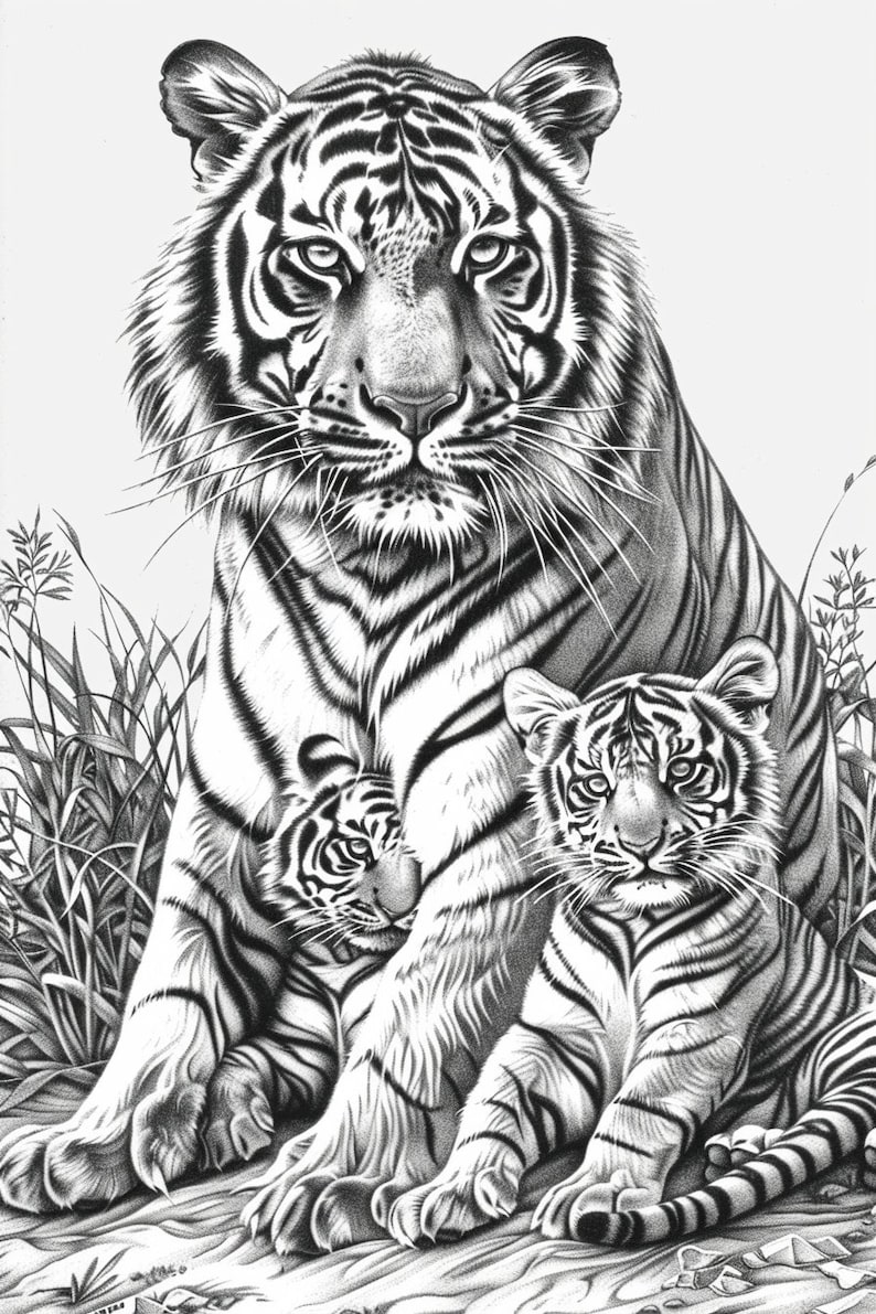Puede incluir: Un dibujo a l&aacute;piz en blanco y negro de una tigresa madre y dos cachorros. La tigresa madre est&aacute; sentada con sus cachorros delante de ella. Los tigres est&aacute;n todos mirando al espectador.