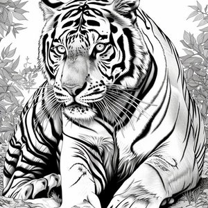Puede incluir: Un dibujo en blanco y negro de un tigre sentado en el suelo con las patas delante de &eacute;l. El tigre tiene una expresi&oacute;n seria en su rostro y mira directamente al espectador.