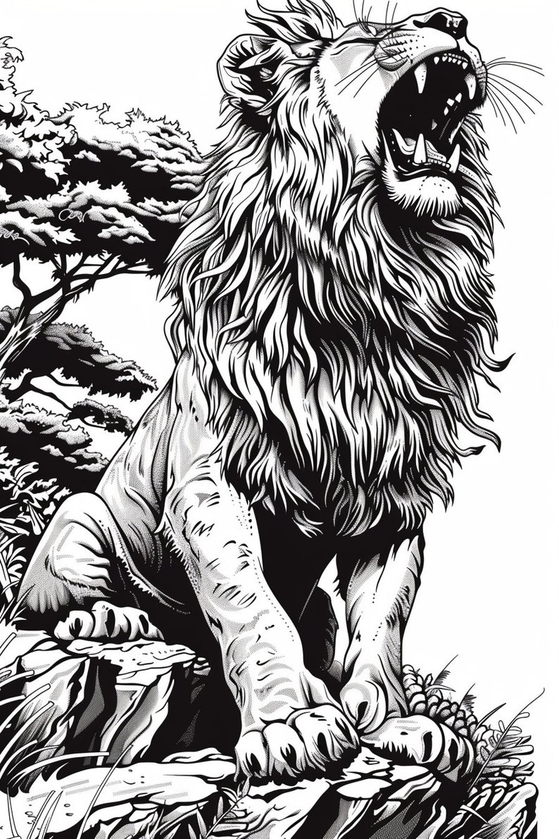 Puede incluir: Una ilustraci&oacute;n en blanco y negro de un le&oacute;n rugiente sentado en una roca. El le&oacute;n tiene una melena espesa y est&aacute; rodeado de follaje.