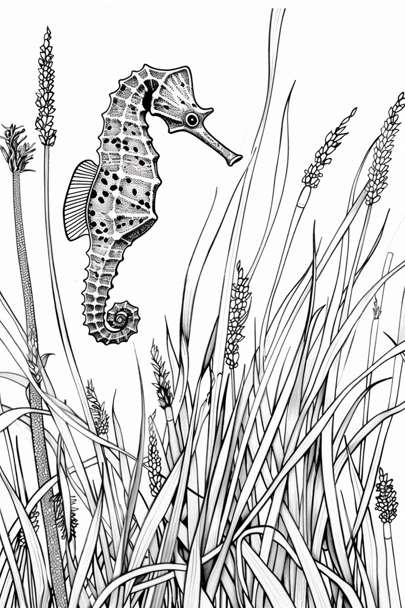 Op de afbeelding: Een zwart-witte lijntekening van een zeepaardje dat zwemt in een bed van hoog gras.