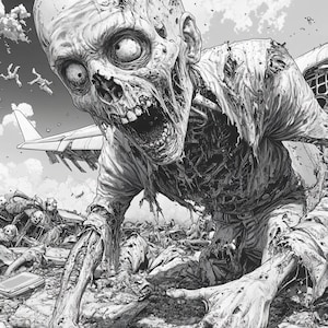 Może przedstawiać: Czarno-biała ilustracja zombie z rozkładającym się ciałem i otwartą paszczą. Zombie czołga się po ziemi, otoczony gruzem i innymi zombie.