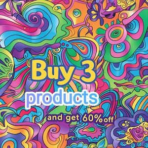 May include: A colourful abstract background with the text "Buy 3 products and get 60% off".