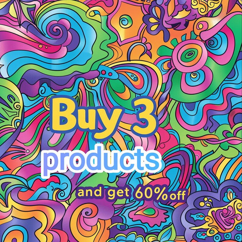 May include: A colourful abstract background with the text "Buy 3 products and get 60% off".