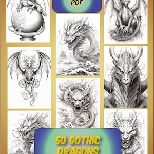 May include: A book cover featuring a collection of 50 gothic dragon illustrations. The cover is black and gold with a blue and green gradient. The title is "50 Gothic Dragons Vol. 2" and the subtitle is "Dark & Light PDF".
