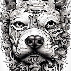 May include: A black and white illustration of a dog's face, rendered in a detailed, intricate style. The dog's face is made up of various mechanical and organic elements, creating a surreal and futuristic aesthetic.