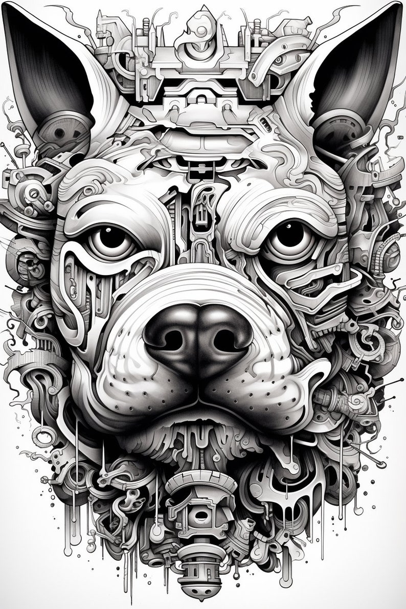 May include: A black and white illustration of a dog's face, rendered in a detailed, intricate style. The dog's face is made up of various mechanical and organic elements, creating a surreal and futuristic aesthetic.