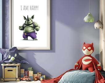 8 Rhino Superheroes 'I Am' Affirmations,Set of 8 Prints, Boy Bedroom Decor, Kids Printable Wall Art,I am Kind, I am Brave,Kids Playroom Art