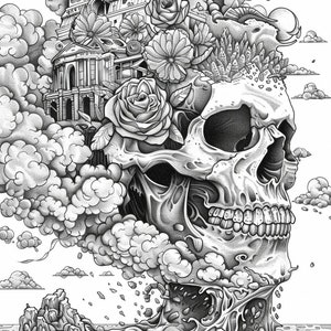 May include: A black and white illustration of a skull with a city growing out of the top of its head. The city is made of buildings, clouds, and flowers. The skull is surrounded by clouds and the bottom of the skull is submerged in water.