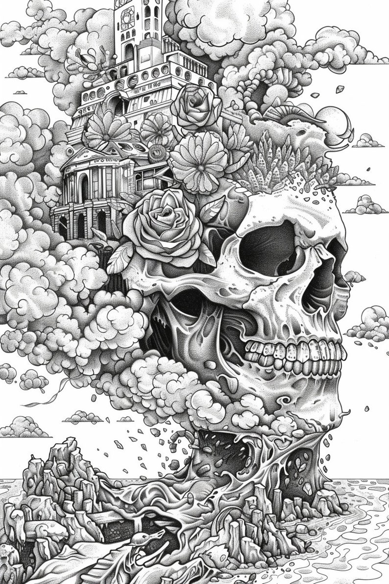May include: A black and white illustration of a skull with a city growing out of the top of its head. The city is made of buildings, clouds, and flowers. The skull is surrounded by clouds and the bottom of the skull is submerged in water.