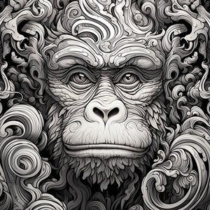 May include: A black and white illustration of a monkey's face surrounded by intricate swirling patterns.