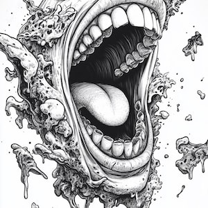 Può includere: Un'illustrazione in bianco e nero di un viso che urla con un effetto di gocciolamento e fusione. Il viso è contorto in un urlo, con i denti scoperti e la lingua fuori. L'effetto di fusione è rappresentato da linee che gocciolano e schizzi.