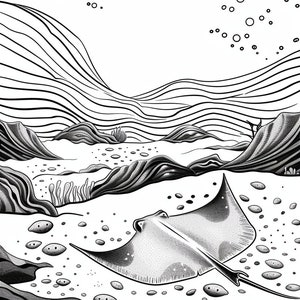 Op de afbeelding: Een zwart-witte illustratie van een rog die in de oceaan zwemt. De rog bevindt zich op de voorgrond en de achtergrond is een gestileerde weergave van de zeebodem met koraal en rotsen.