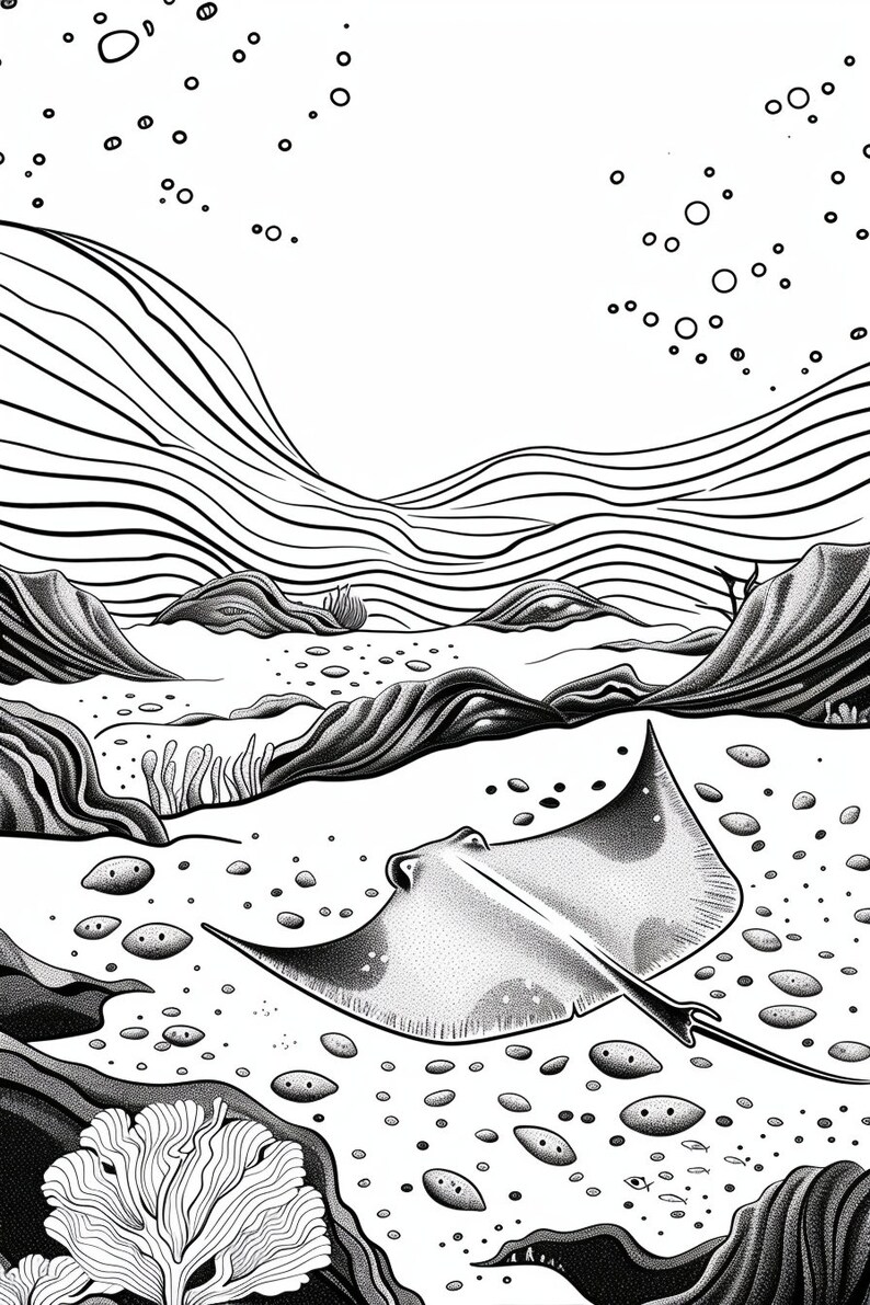 Op de afbeelding: Een zwart-witte illustratie van een rog die in de oceaan zwemt. De rog bevindt zich op de voorgrond en de achtergrond is een gestileerde weergave van de zeebodem met koraal en rotsen.