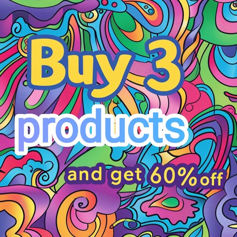 Puede incluir: Un fondo abstracto colorido con el texto "Compra 3 productos y obt&eacute;n un 60% de descuento" en letras amarillas y azules.