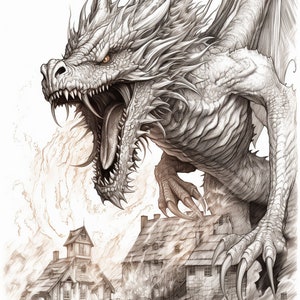 May include: A detailed pencil drawing of a white dragon with a large mouth open, revealing sharp teeth and a long tongue. The dragon is standing on its hind legs, with its claws digging into the roof of a building. The dragon's wings are spread out behind it, and its tail is curled around its body. The dragon is looking at the viewer with a fierce expression.