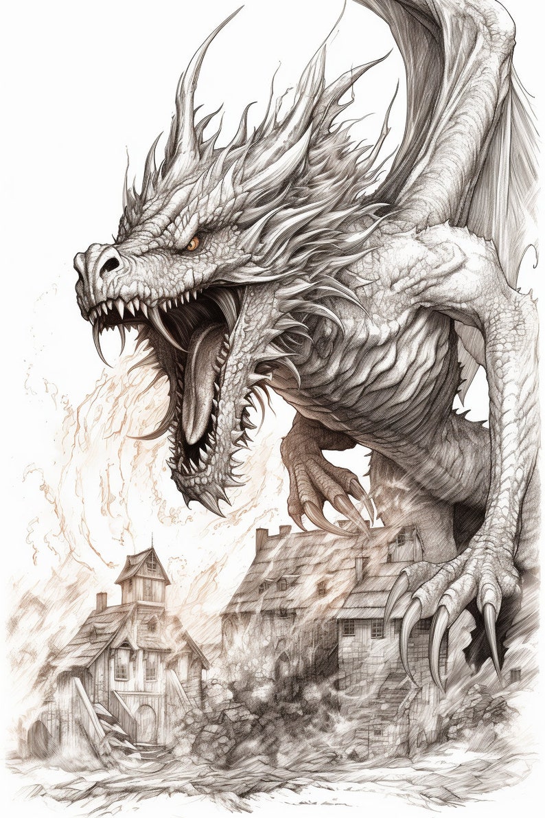 May include: A detailed pencil drawing of a white dragon with a large mouth open, revealing sharp teeth and a long tongue. The dragon is standing on its hind legs, with its claws digging into the roof of a building. The dragon's wings are spread out behind it, and its tail is curled around its body. The dragon is looking at the viewer with a fierce expression.