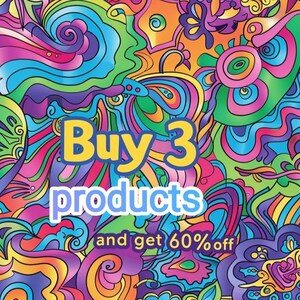 May include: A colourful abstract background with the text "Buy 3 products and get 60% off".