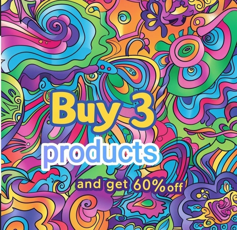 May include: A colourful abstract background with the text "Buy 3 products and get 60% off".