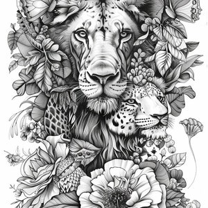 May include: A black and white pencil drawing of a lion and a leopard surrounded by flowers and butterflies.