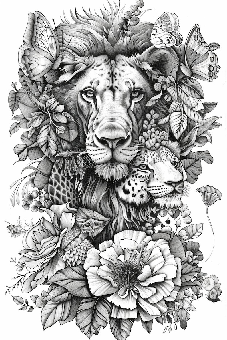 May include: A black and white pencil drawing of a lion and a leopard surrounded by flowers and butterflies.