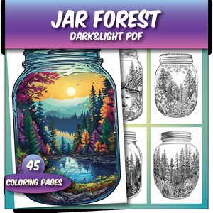 45 Forest Jar Coloring Pages, Grayscale Coloring Pages , Nature coloring pages ,forest coloring pages, sunset coloring book