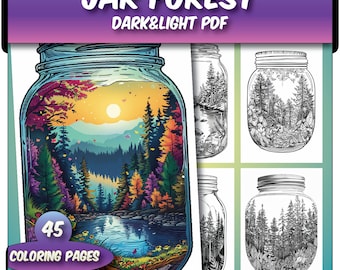 45 Forest Jar Coloring Pages, Grayscale Coloring Pages , Nature coloring pages ,forest coloring pages, sunset coloring book