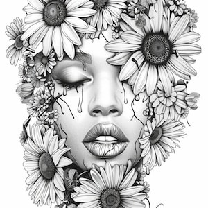 May include: A black and white drawing of a woman's face with flowers covering her eyes and cheeks. The flowers are drawn in a realistic style and the woman's face is soft and serene.