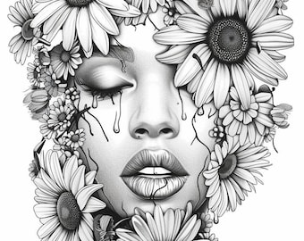 Daisy Diversions-40 Flourish of Floral Coloring Pages,Adults Grayscale Coloring Book,Instant Download pdf, kids coloring sheets