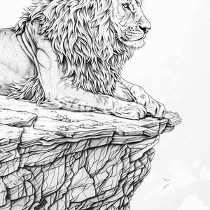 Puede incluir: Un dibujo en blanco y negro de un le&oacute;n sentado en el borde de un acantilado, mirando hacia un paisaje. El le&oacute;n tiene una melena espesa y est&aacute; dibujado en un estilo realista.