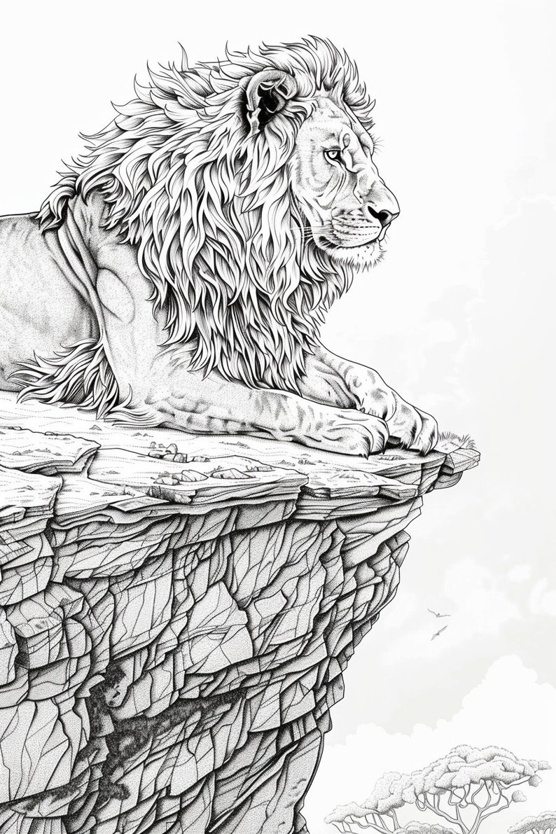 Puede incluir: Un dibujo en blanco y negro de un le&oacute;n sentado en el borde de un acantilado, mirando hacia un paisaje. El le&oacute;n tiene una melena espesa y est&aacute; dibujado en un estilo realista.