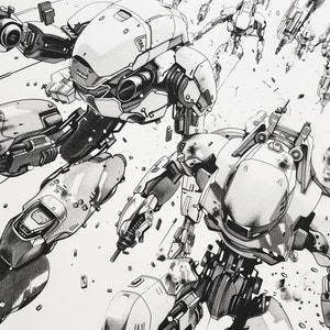 May include: Black and white illustration of a futuristic robot battle scene. Multiple robots are depicted in various poses, some firing weapons, others in mid-air. The robots are detailed with intricate mechanical parts and weapons.