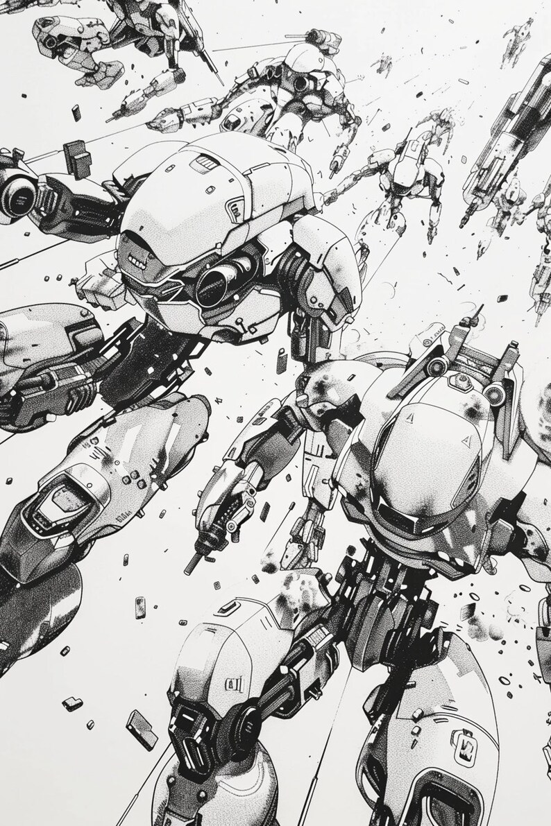 May include: Black and white illustration of a futuristic robot battle scene. Multiple robots are depicted in various poses, some firing weapons, others in mid-air. The robots are detailed with intricate mechanical parts and weapons.
