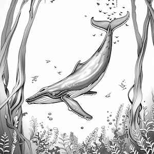 Op de afbeelding: Een zwart-witte illustratie van een walvis die door een bos van kelp en bomen zwemt. De walvis kijkt naar de kijker en heeft zijn bek open. Er vliegen vogels rond de walvis.