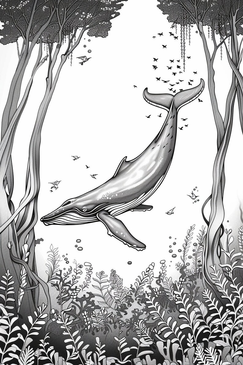 Op de afbeelding: Een zwart-witte illustratie van een walvis die door een bos van kelp en bomen zwemt. De walvis kijkt naar de kijker en heeft zijn bek open. Er vliegen vogels rond de walvis.