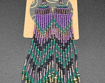 Handmade fringe earrings. Purple, green gold glass seed beads. So fall, so royal.