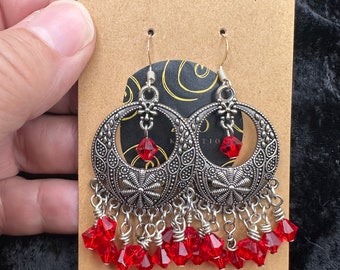 Boho red bead handmade dangle earrings
