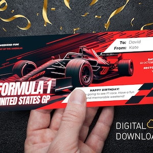 Bearbeitbares Formelticket |  F1 USA Grand-Prix | Benutzerdefinierte F1 Digitale Vorlage | Überraschungsgeschenk-Eintritt für ein Rennen |  Druckbare F1 Karte