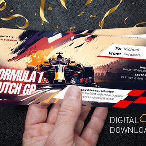 Bearbeitbares Formel 1 Ticket | Niederländische Rennbahn Grand-Prix | Niederländische Hausnummer Digitale Vorlage | Überraschungsgeschenk-Eintritt für ein Rennen |  Ausdruckbare Formel-Karte