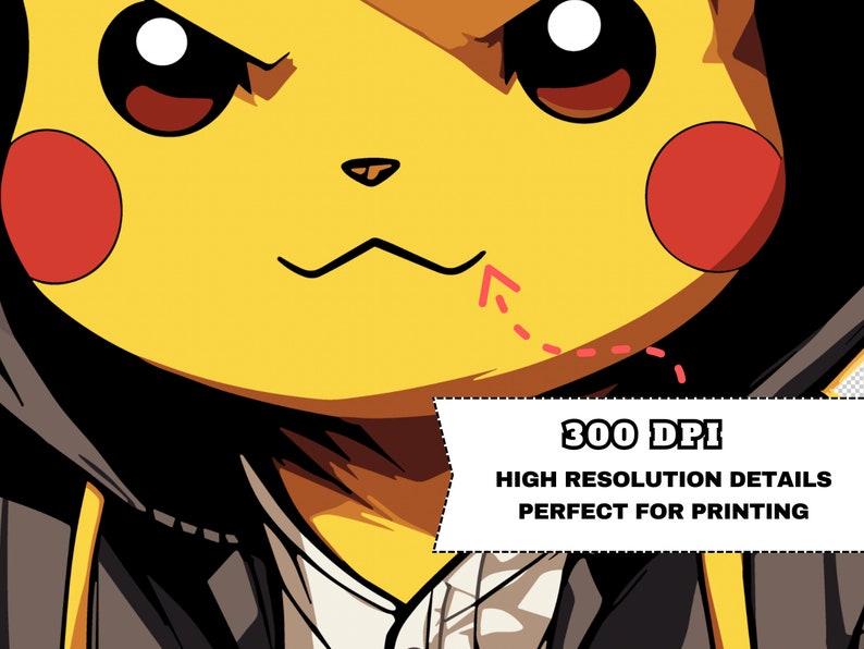 May include: A yellow cartoon character with red cheeks and angry eyes. The character is wearing a black hooded jacket. The text "300 DPI HIGH RESOLUTION DETAILS PERFECT FOR PRINTING" is in a white box with a black outline.