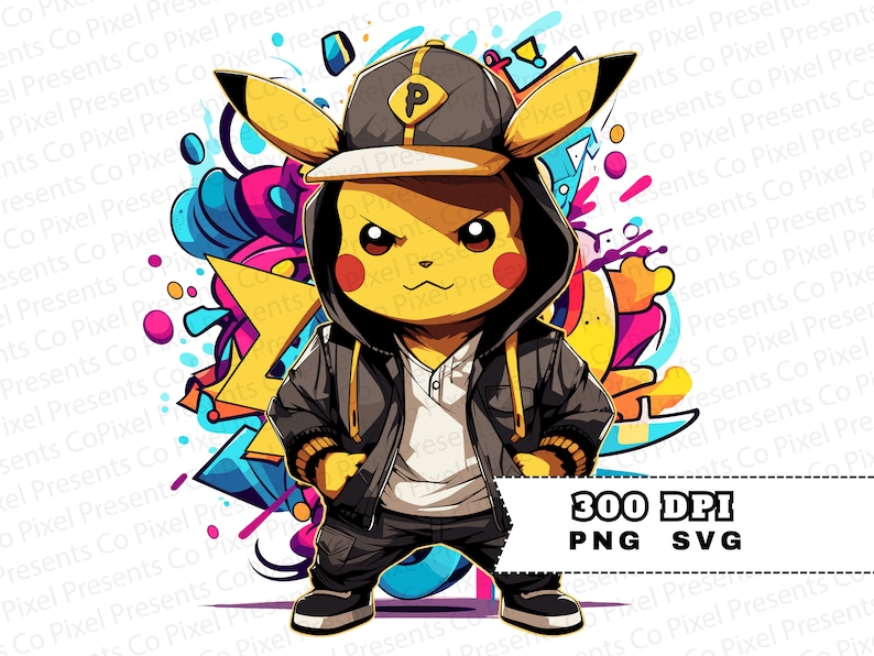 May include: A cartoon illustration of a yellow Pikachu wearing a black hoodie, a white shirt, a black baseball cap with a white letter "P", and black and white sneakers. The background is a colorful abstract design with a yellow lightning bolt.