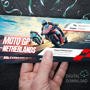 Bearbeitbares Moto Moto Ticket | Niederlande Grand-Prix | Überraschungsgeschenkkarte für ein Motorennen |  Selbst ausdruckbare MotoGP-Eintrittskarte