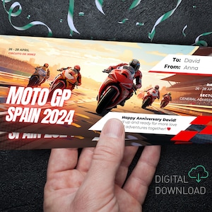 Ingresso editável Moto GP | Grande Prêmio da Espanha | Ingresso surpresa para uma corrida de moto | Ingresso personalizado para Moto GP para impressão Download instantâneo