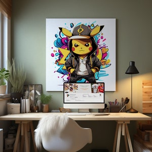 May include: A yellow cartoon character wearing a black hoodie and a baseball cap with the letter "P" on it. The character is standing in front of a colorful graffiti background. The image is a digital illustration.